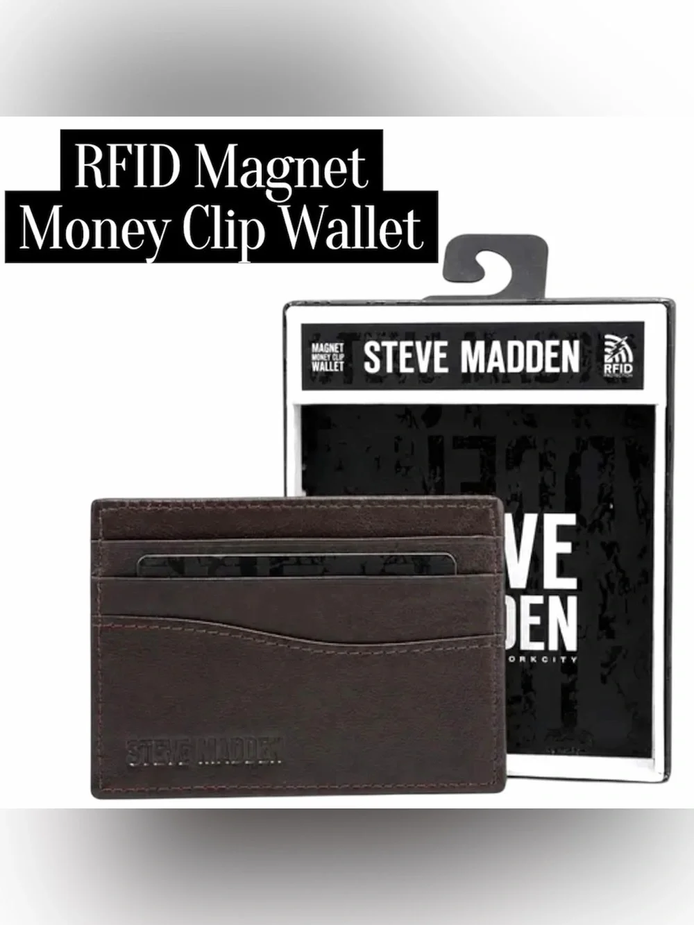 *new* Steve Madden Brown Leather Card Holder & Money Clip RFID Wallet